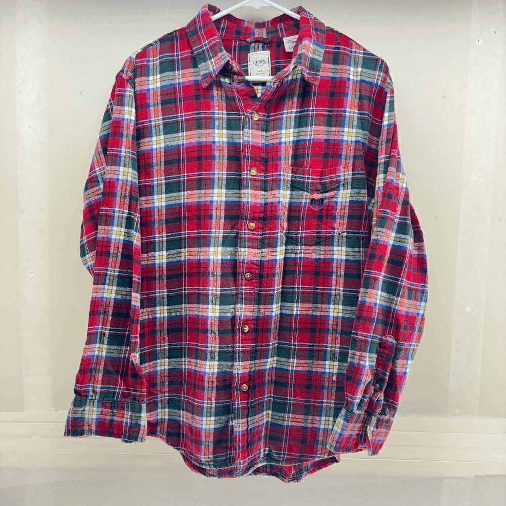 Chaps Flannel Button Shirt Men Size Large Blue Red Plaid Long Sleeve L Cotton‎